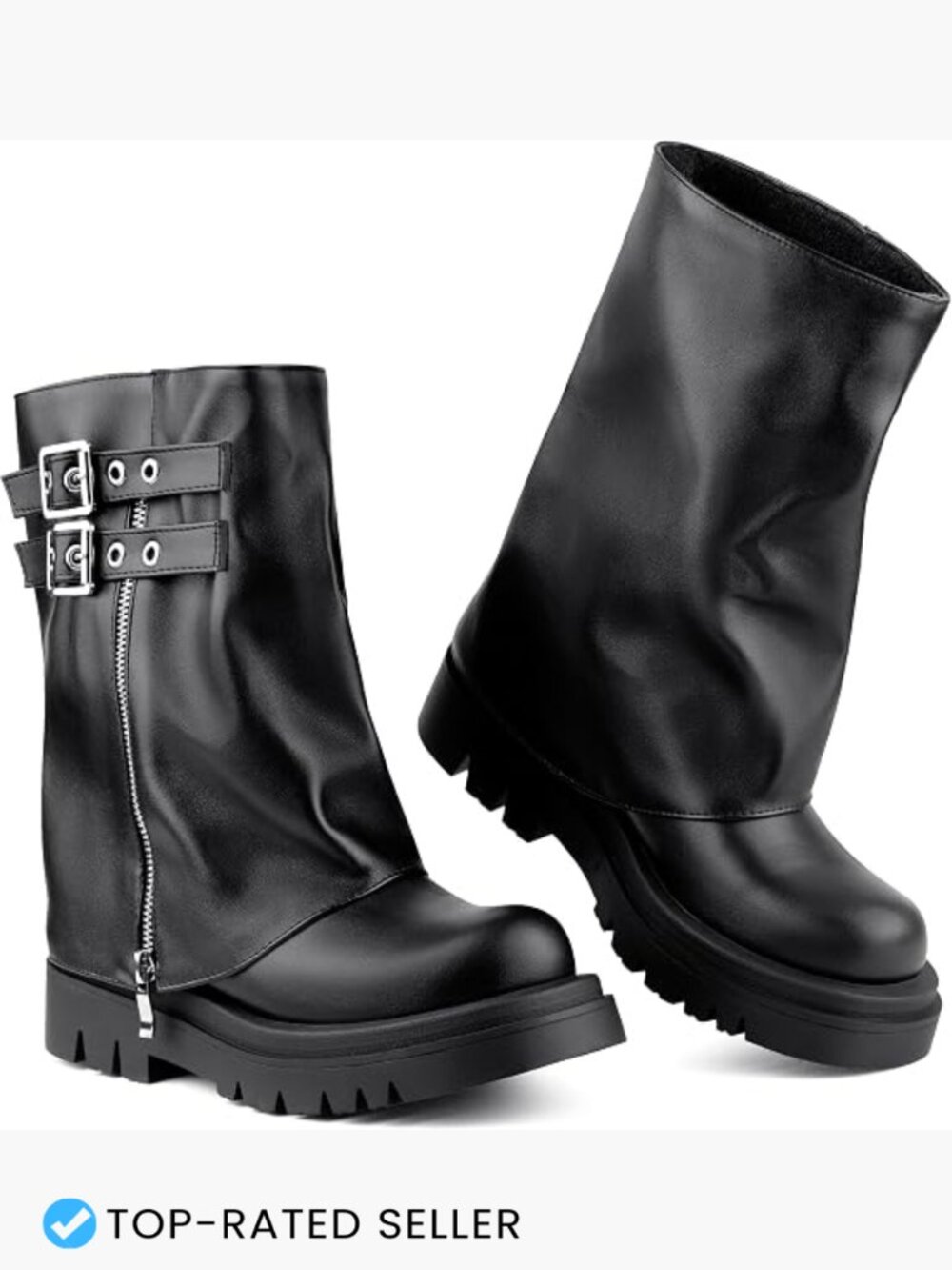 Mid Calf Fold Over Buckle Moto Biker Boots Chunky Heel Slip On Platform
